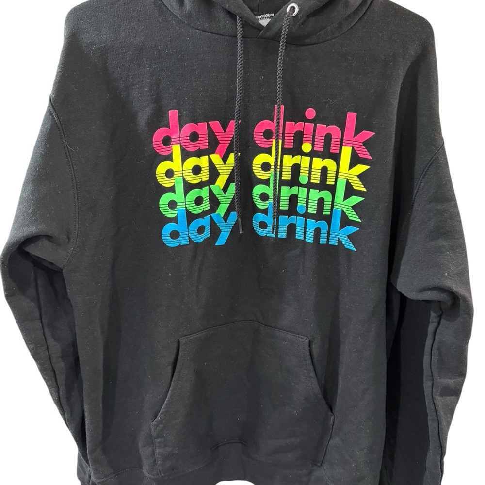 Champion Black Hoodie with Bright Multicolor day‎ drink Logo